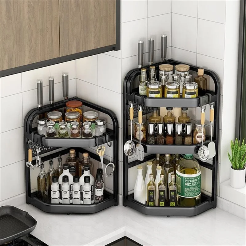 2-Tier 35.5x26x44cm Corner Kitchen Shelf with Knife Slots Organizer Triangle Wall Mount No-Drill Spice Storage Rack for Seasoning Bottles