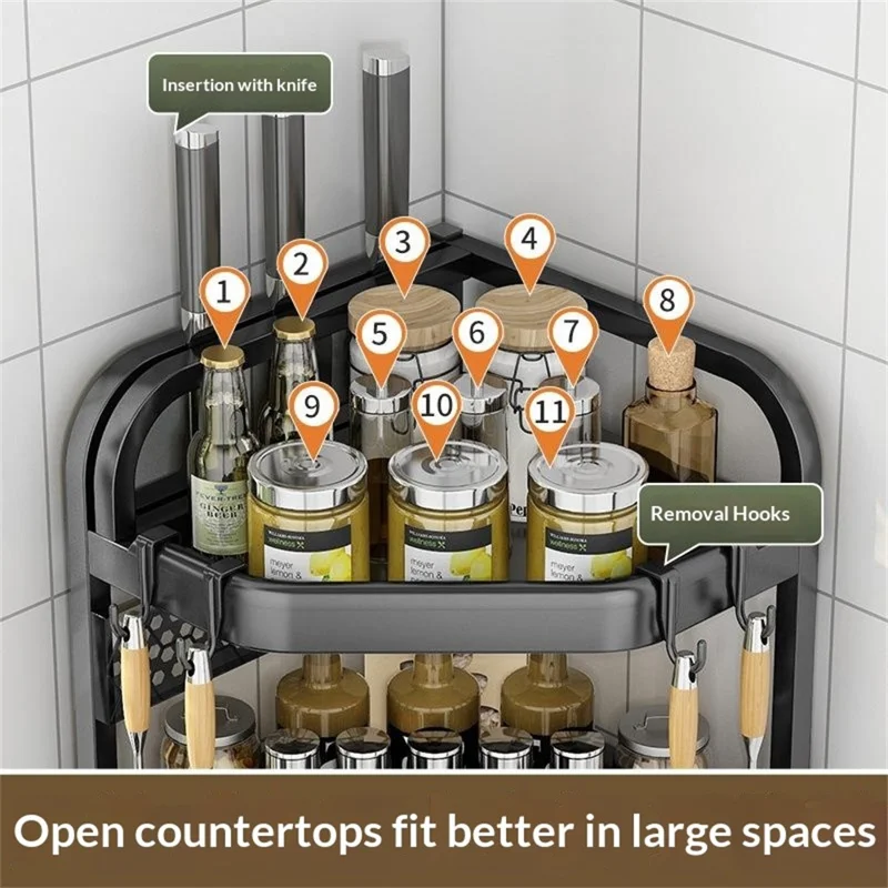 2-Tier 40x29x44cm Corner Kitchen Shelf with Knife Slots Organizer Triangle Wall Mount No-Drill Spice Storage Rack for Seasoning Bottles