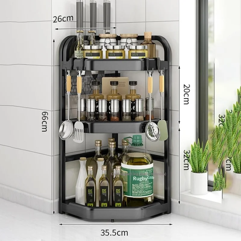 3-Tier 35.5x26x66cm Corner Kitchen Shelf with Knife Slots Organizer Triangle Wall Mount No-Drill Spice Storage Rack for Seasoning Bottles