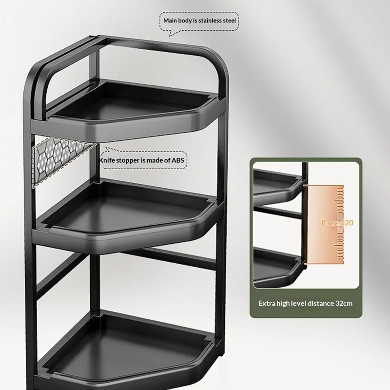 3-Tier 35.5x26x66cm Corner Kitchen Shelf with Knife Slots Organizer Triangle Wall Mount No-Drill Spice Storage Rack for Seasoning Bottles