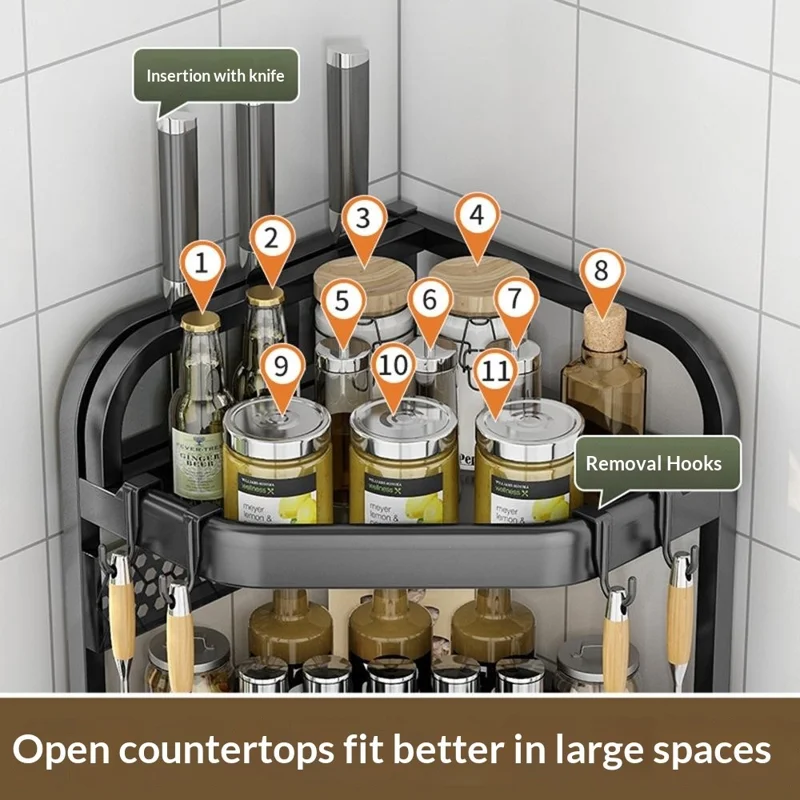 3-Tier 35.5x26x66cm Corner Kitchen Shelf with Knife Slots Organizer Triangle Wall Mount No-Drill Spice Storage Rack for Seasoning Bottles