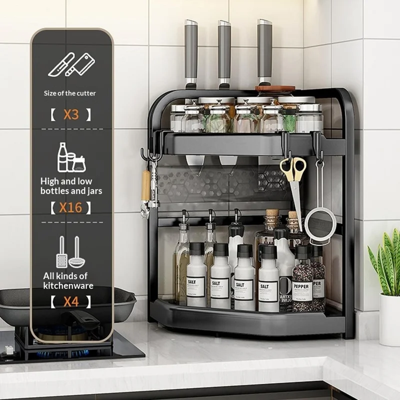 3-Tier 35.5x26x66cm Corner Kitchen Shelf with Knife Slots Organizer Triangle Wall Mount No-Drill Spice Storage Rack for Seasoning Bottles