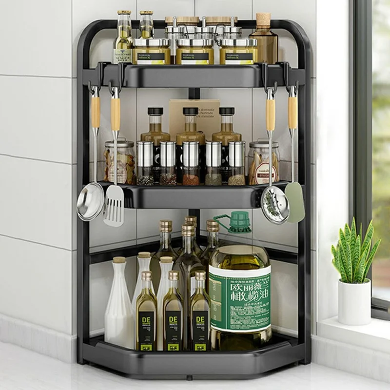 Étagère d'angle de cuisine 3 niveaux 40x29x66 cm, rangement mural sans perçage, support pour bouteilles d'épices en forme de triangle