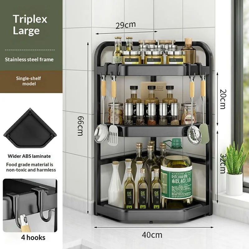 Étagère d'angle de cuisine 3 niveaux 40x29x66 cm, rangement mural sans perçage, support pour bouteilles d'épices en forme de triangle