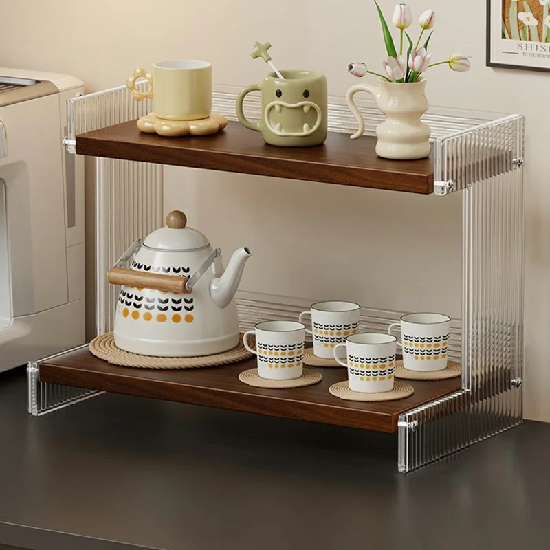 2 étages 40x20x28 cm Support de rangement vertical en acrylique transparent avec motif rayé pour bureau, porte-gobelets, couleur noyer