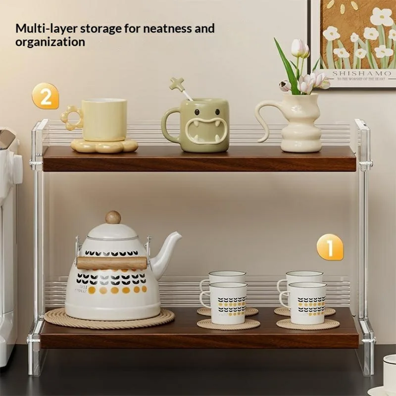 2 étages 40x20x28 cm Support de rangement vertical en acrylique transparent avec motif rayé pour bureau, porte-gobelets, couleur noyer