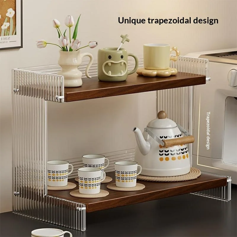 2 étages 40x20x28 cm Support de rangement vertical en acrylique transparent avec motif rayé pour bureau, porte-gobelets, couleur noyer