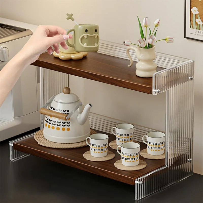 2 étages 40x20x28 cm Support de rangement vertical en acrylique transparent avec motif rayé pour bureau, porte-gobelets, couleur noyer