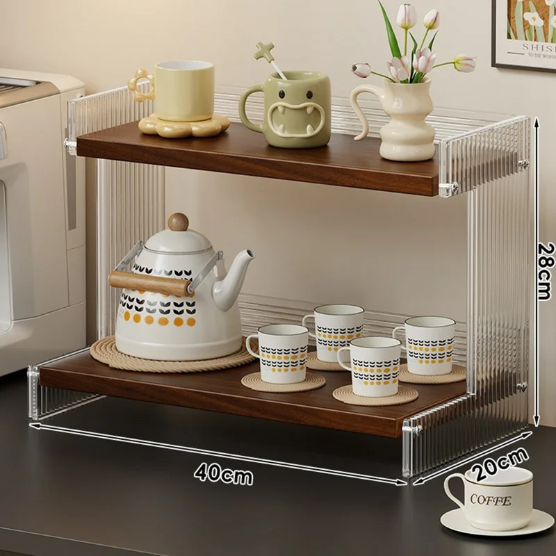 2 étages 40x20x28 cm Support de rangement vertical en acrylique transparent avec motif rayé pour bureau, porte-gobelets, couleur noyer