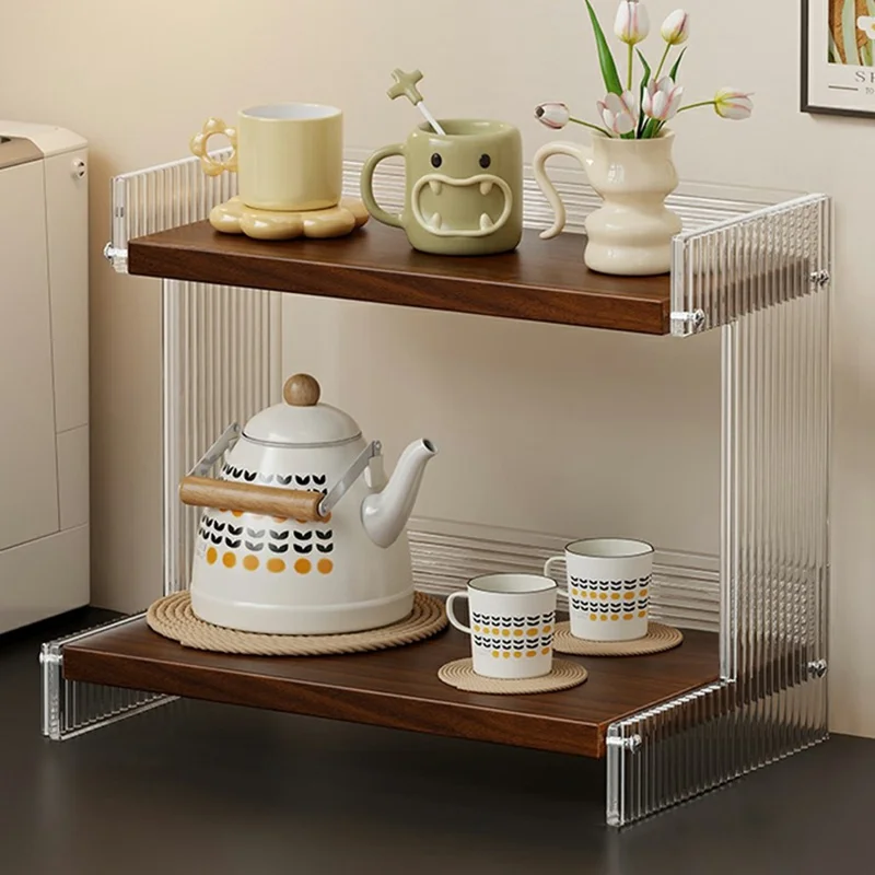 Range-verres de bureau en acrylique transparent avec texture rayée verticale 2 niveaux 30x20x28 cm, support de rangement pour cuisine ou bureau - couleur noyer