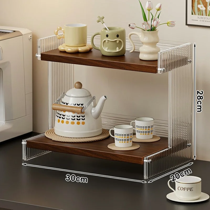 Range-verres de bureau en acrylique transparent avec texture rayée verticale 2 niveaux 30x20x28 cm, support de rangement pour cuisine ou bureau - couleur noyer