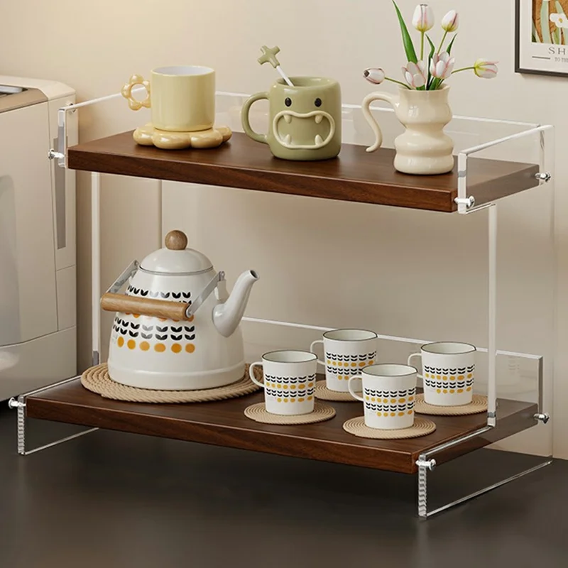 Range-tasses de bureau en acrylique transparent plat 2 niveaux 40x20x28cm, porte-accessoires de rangement pour cuisine ou bureau - couleur noyer