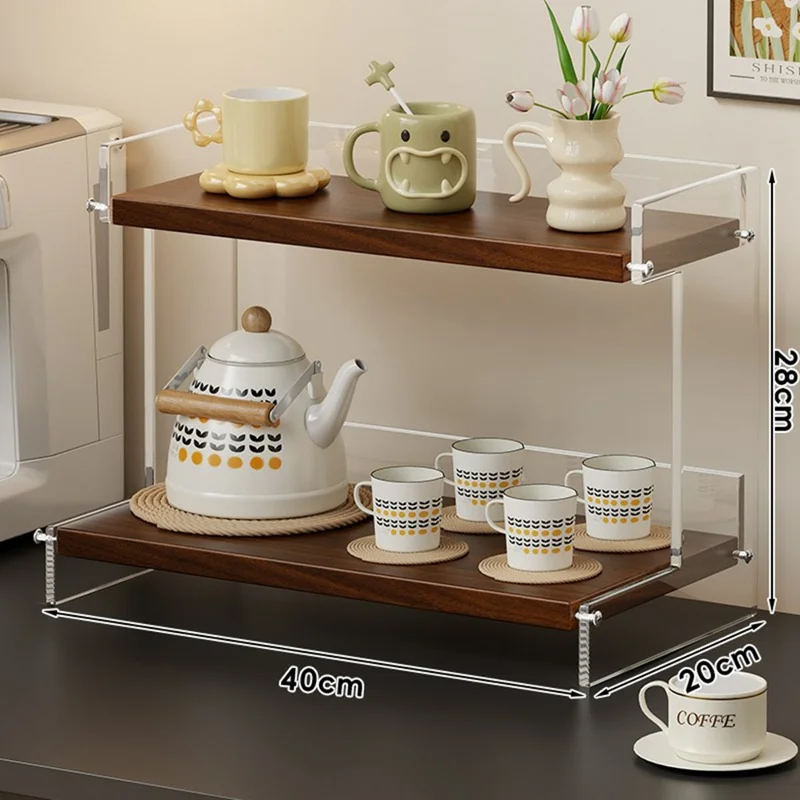 Range-tasses de bureau en acrylique transparent plat 2 niveaux 40x20x28cm, porte-accessoires de rangement pour cuisine ou bureau - couleur noyer