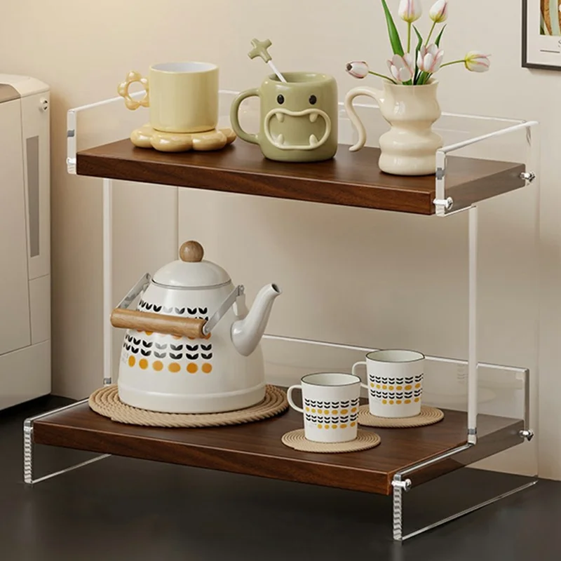 Range-verres de bureau plat en acrylique transparent 2 étages 30x20x28 cm, support de rangement pour cuisine ou bureau - couleur noyer