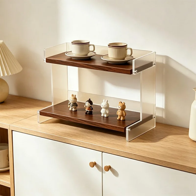 Range-verres de bureau plat en acrylique transparent 2 étages 30x20x28 cm, support de rangement pour cuisine ou bureau - couleur noyer