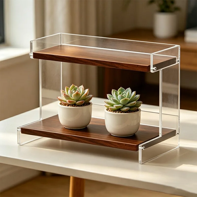 Range-verres de bureau plat en acrylique transparent 2 étages 30x20x28 cm, support de rangement pour cuisine ou bureau - couleur noyer