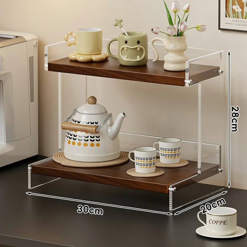 Range-verres de bureau plat en acrylique transparent 2 étages 30x20x28 cm, support de rangement pour cuisine ou bureau - couleur noyer