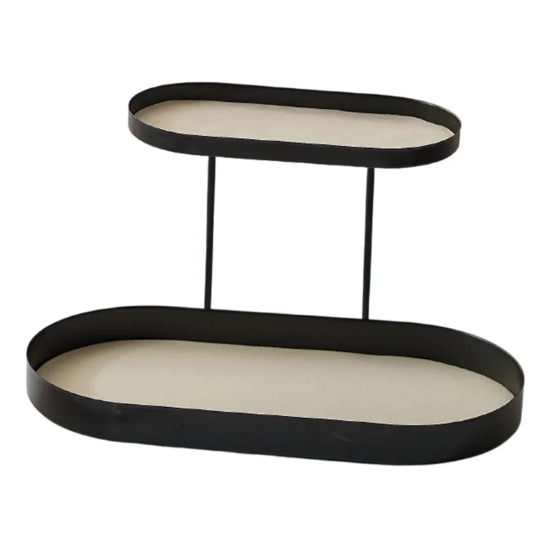 2-Tier Metal Desktop Organizer Tray Iron Vanity Makeup Storage Rack for Cosmetics Perfume - Black Oval  /  White Leather