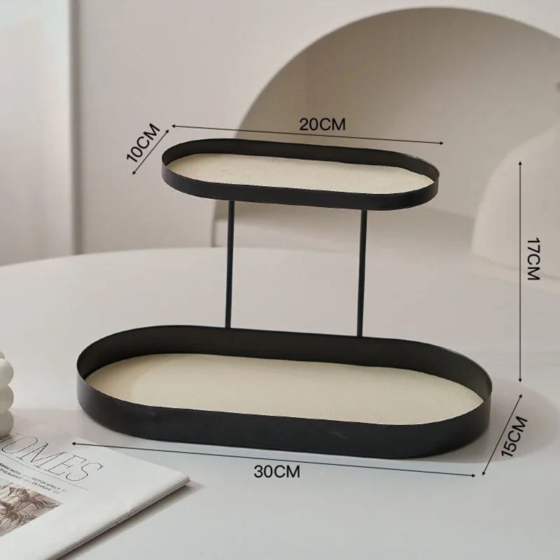 2-Tier Metal Desktop Organizer Tray Iron Vanity Makeup Storage Rack for Cosmetics Perfume - Black Oval  /  White Leather