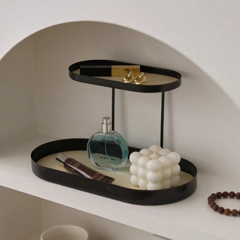 2-Tier Metal Desktop Organizer Tray Iron Vanity Makeup Storage Rack for Cosmetics Perfume - Black Oval  /  White Leather