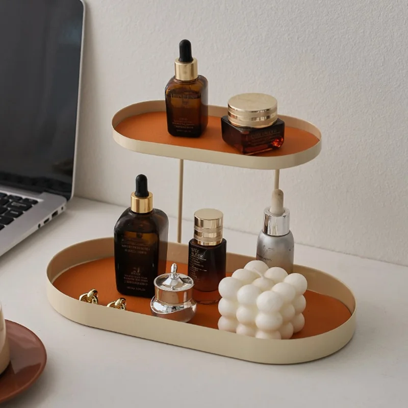 2-Tier Metal Desktop Organizer Tray Iron Vanity Makeup Storage Rack for Cosmetics Perfume - Black Oval  /  White Leather