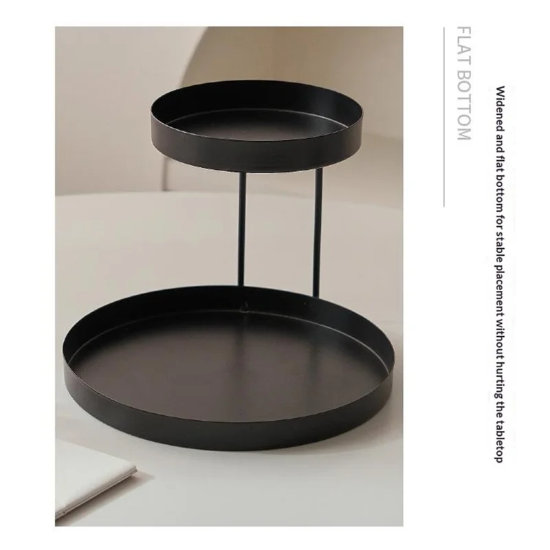 2-Tier Metal Desktop Organizer Tray Iron Vanity Makeup Storage Rack for Cosmetics Perfume - Black Oval  /  White Leather