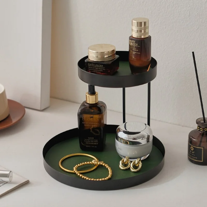 2-Tier Metal Desktop Organizer Tray Iron Vanity Makeup Storage Rack for Cosmetics Perfume - Black Oval  /  White Leather