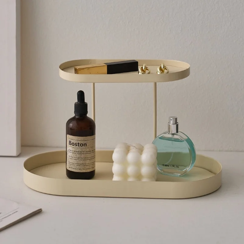 2-Tier Metal Desktop Organizer Tray Iron Vanity Makeup Storage Rack for Cosmetics Perfume - Black Oval  /  White Leather