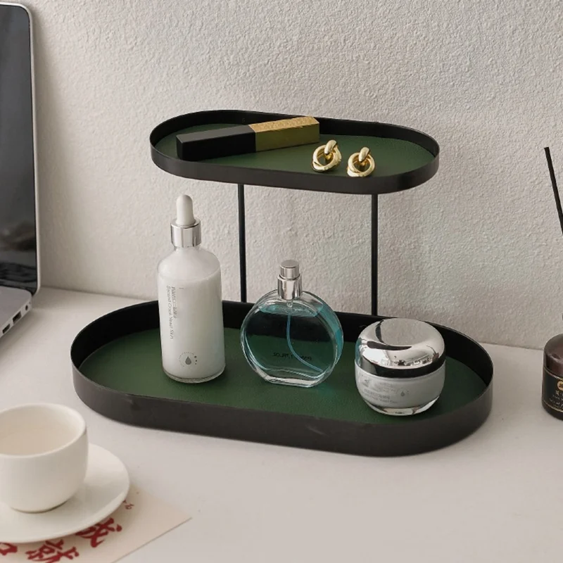 2-Tier Metal Desktop Organizer Tray Iron Vanity Makeup Storage Rack for Cosmetics Perfume - Black Oval  /  White Leather