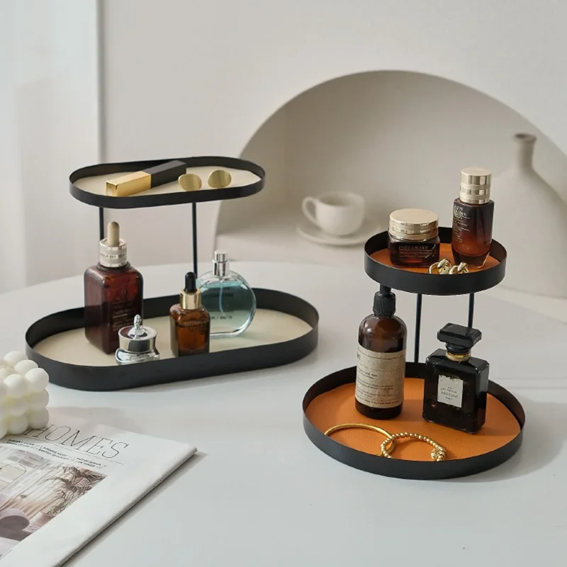 2-Tier Metal Desktop Organizer Tray Iron Vanity Makeup Storage Rack for Cosmetics Perfume - Black Oval  /  White Leather