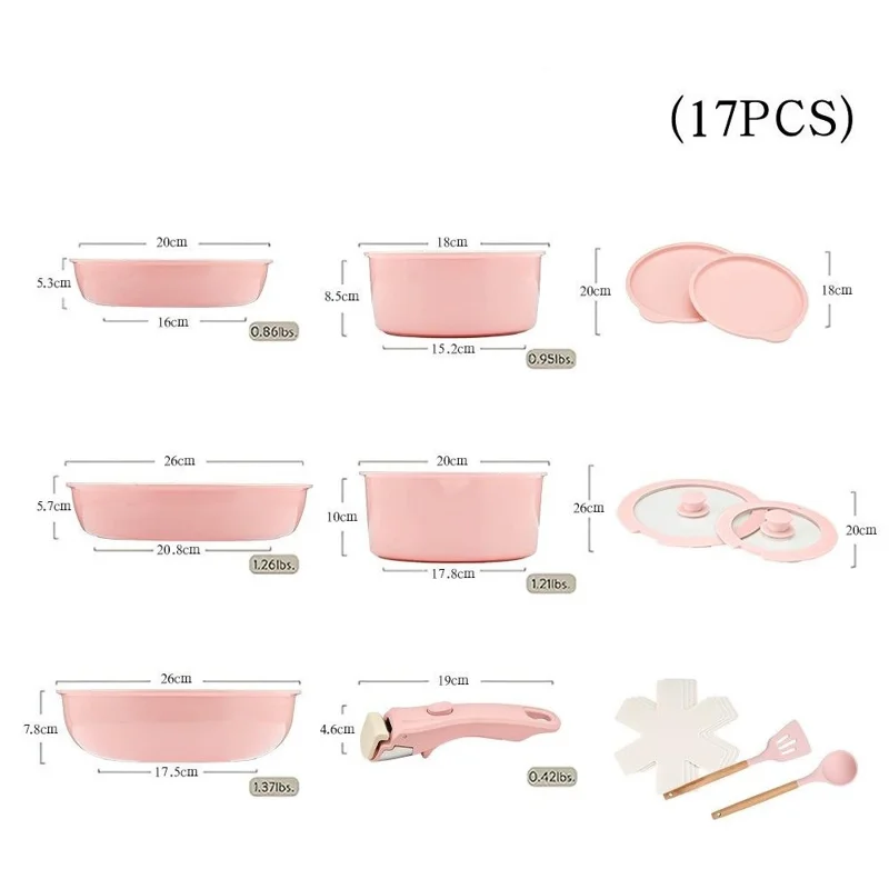 17Pcs Detachable Handle Cookware Set Maifanite + Ceramic Non-Stick Coating Frying Pan Milk Pot Wok Kitchen Cooking Tools (BPA Free, No FDA) - Pink