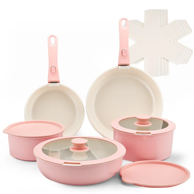 17Pcs Detachable Handle Cookware Set Maifanite + Ceramic Non-Stick Coating Frying Pan Milk Pot Wok Kitchen Cooking Tools (BPA Free, No FDA) - Pink