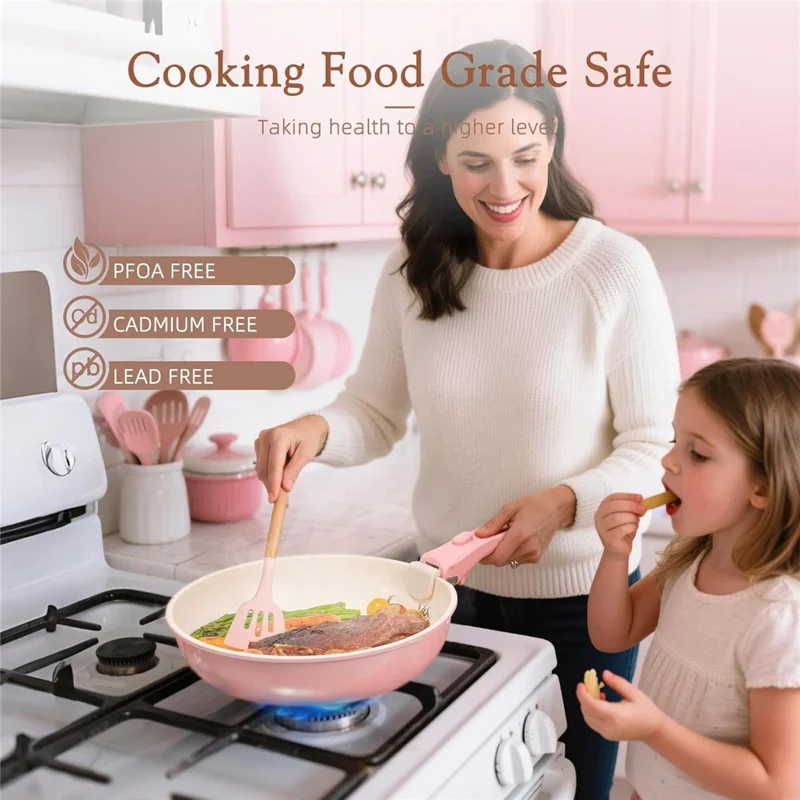 17Pcs Detachable Handle Cookware Set Maifanite + Ceramic Non-Stick Coating Frying Pan Milk Pot Wok Kitchen Cooking Tools (BPA Free, No FDA) - Pink
