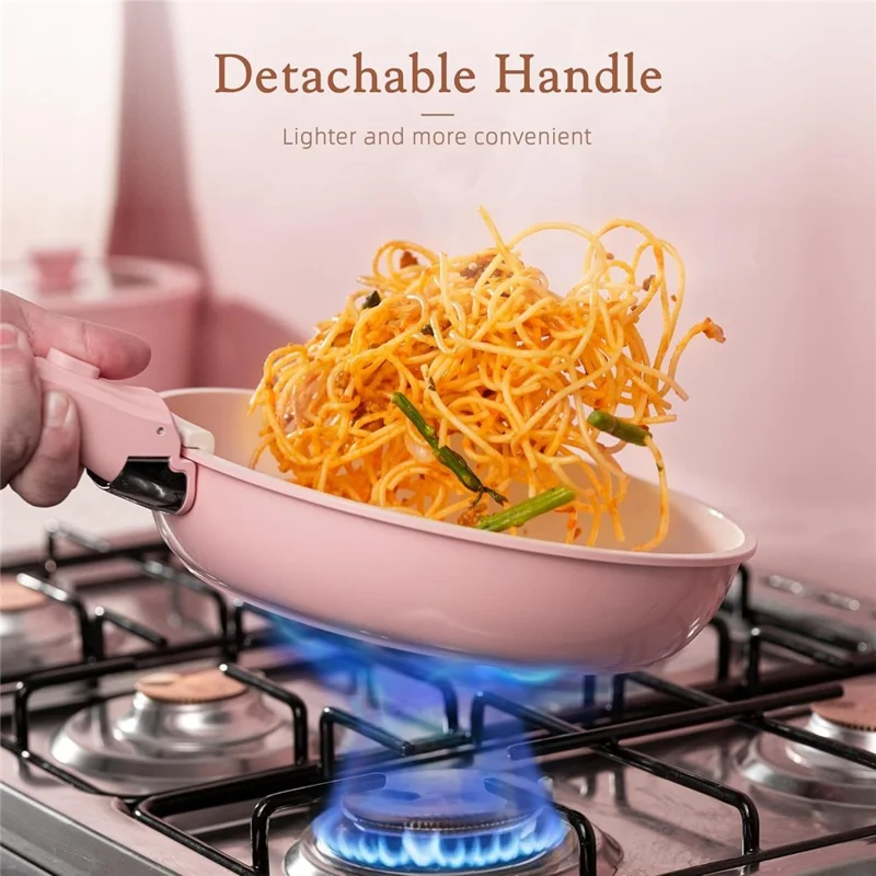 17Pcs Detachable Handle Cookware Set Maifanite + Ceramic Non-Stick Coating Frying Pan Milk Pot Wok Kitchen Cooking Tools (BPA Free, No FDA) - Pink