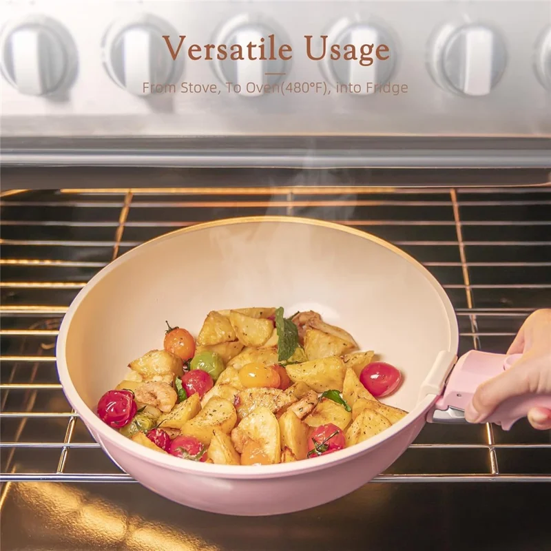 17Pcs Detachable Handle Cookware Set Maifanite + Ceramic Non-Stick Coating Frying Pan Milk Pot Wok Kitchen Cooking Tools (BPA Free, No FDA) - Pink