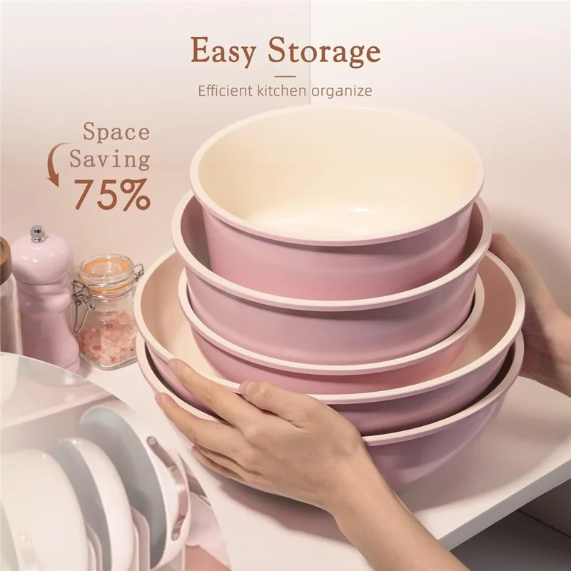 17Pcs Detachable Handle Cookware Set Maifanite + Ceramic Non-Stick Coating Frying Pan Milk Pot Wok Kitchen Cooking Tools (BPA Free, No FDA) - Pink