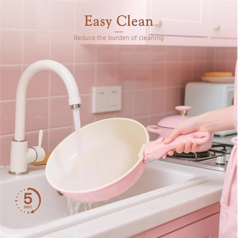 17Pcs Detachable Handle Cookware Set Maifanite + Ceramic Non-Stick Coating Frying Pan Milk Pot Wok Kitchen Cooking Tools (BPA Free, No FDA) - Pink