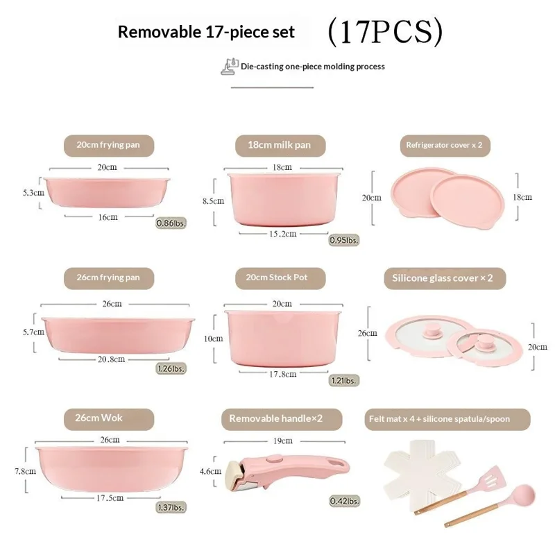 17Pcs Detachable Handle Cookware Set Maifanite + Ceramic Non-Stick Coating Frying Pan Milk Pot Wok Kitchen Cooking Tools (BPA Free, No FDA) - Pink