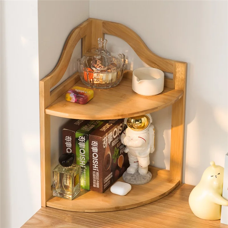 2-Tier Kitchen Corner Spice Rack Bamboo Rotating Desktop Organizer Storage Shelf for Makeup Coffee Cups - Natural Color