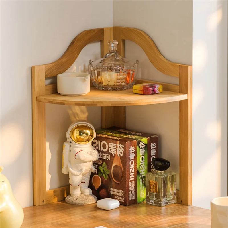 2-Tier Kitchen Corner Spice Rack Bamboo Rotating Desktop Organizer Storage Shelf for Makeup Coffee Cups - Natural Color