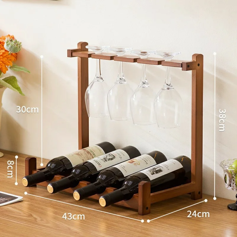 43x24x38cm 1-Tier Wine Rack for 4 Bottles Bamboo Desktop Wine Display Stand Bottle Glass Cups Holder