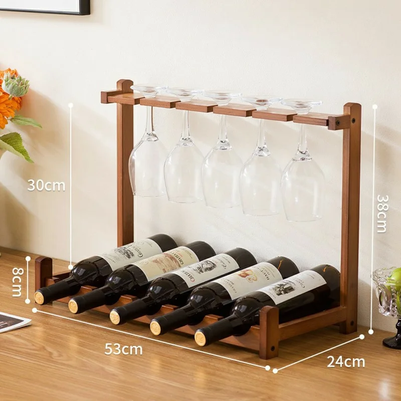 53x24x38cm 1-Tier Wine Rack for 5 Bottles Bamboo Desktop Wine Display Stand Bottle Glass Cups Holder