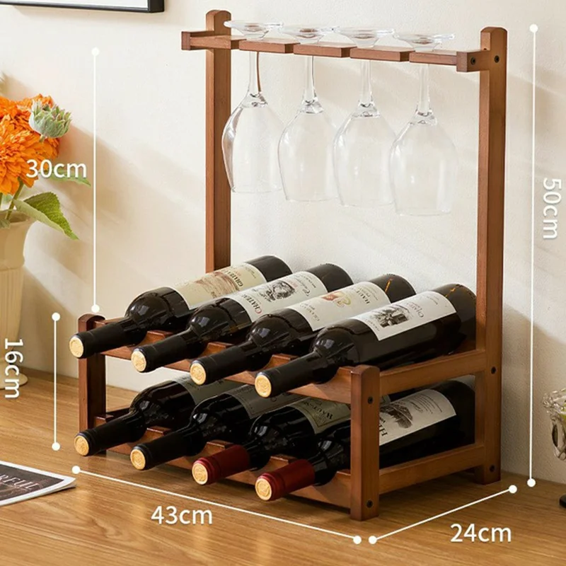 43x24x50cm 2-Tier Wine Rack for 8 Bottles Bamboo Desktop Wine Display Stand Bottle Glass Cups Holder