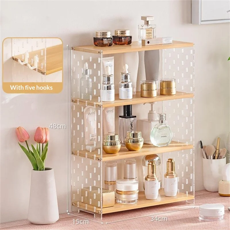 2274 4-lags 34x15x48 cm Skrivebordsorganizer Reol Bambus Akryl Gennemsigtig Makeup Opbevaring med 5 stk Hager - Naturlig Farve
