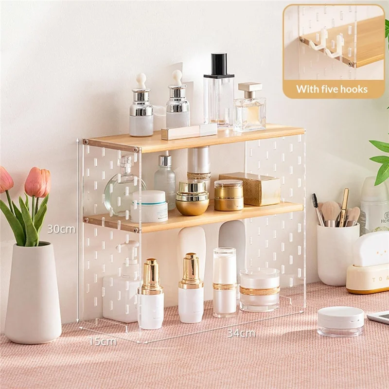 2274 2-lags skrivebordsopbevaring til makeup, klare akrylplader, bambusopbevaringshylde med 5 stk. hager til kosmetik - naturlig farve