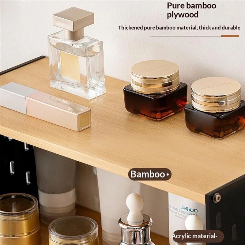 2274 1-lags skrivebordsopbevaring til makeup, klar akrylpanel, bambusopbevaringshylde med 5 stk. hager til kosmetik - naturlig farve
