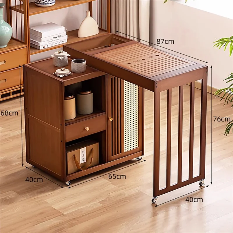 Mesa de té móvil de 65 cm de largo, soporte para tetera de bambú, armario de almacenamiento con ruedas para dormitorio y sala de estar