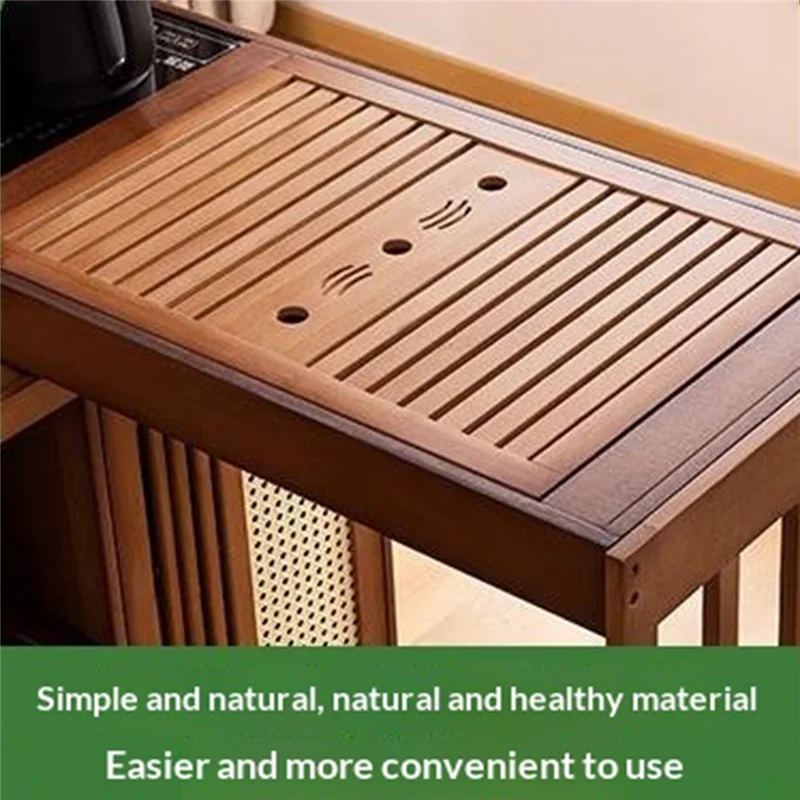 Mesa de té móvil de 65 cm de largo, soporte para tetera de bambú, armario de almacenamiento con ruedas para dormitorio y sala de estar
