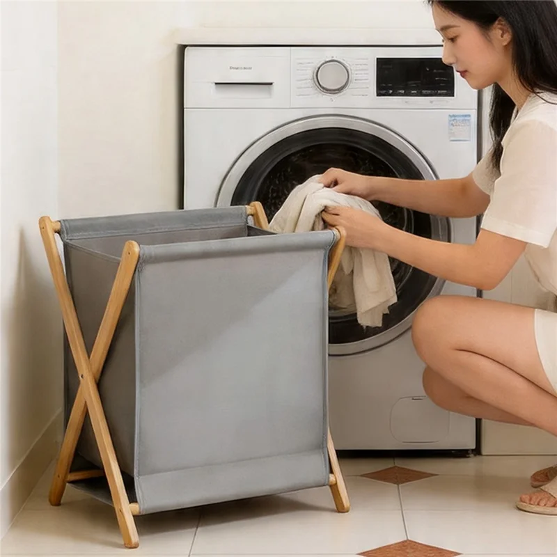 Large Size 43x37x56cm Foldable Laundry Basket Bamboo Frame Oxford Dirty Cloth Hamper Storage Organizer