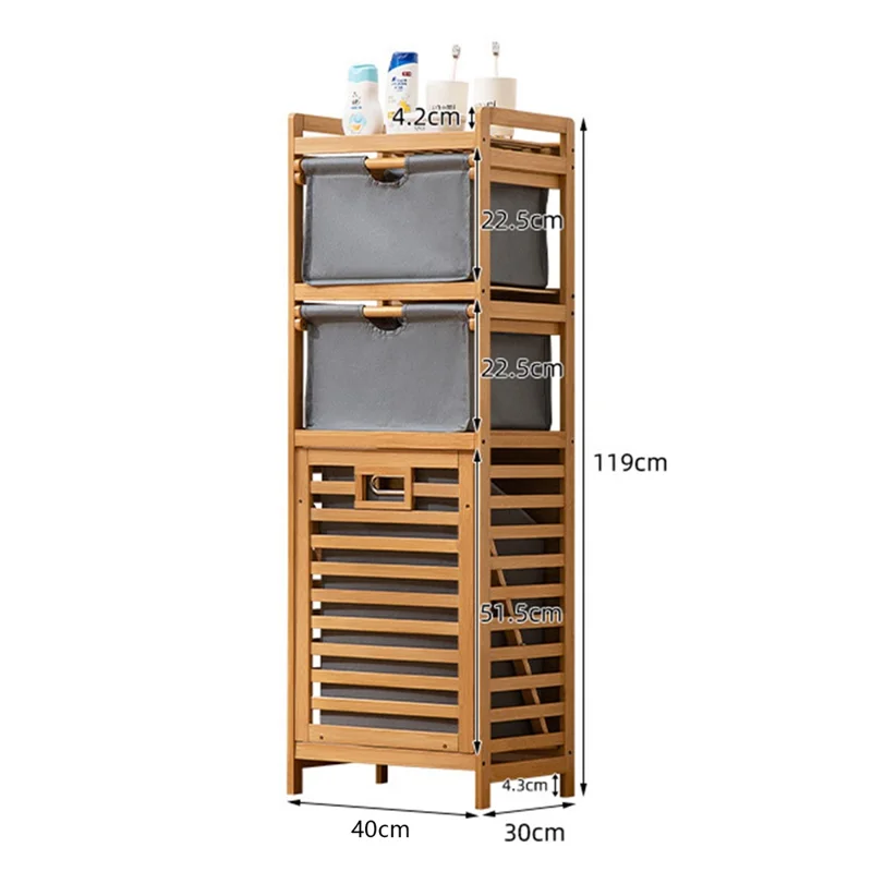 Scaffalatura per Bagno Multifunzionale 40x30x119 cm con Cestino per il Bucato Rimovibile e Doppio Cassetto in Bambù